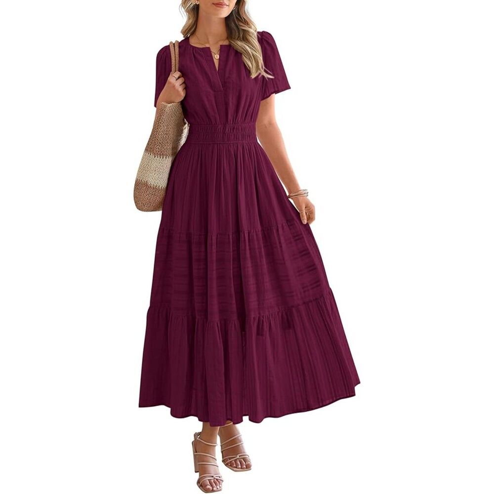 Women's Wine Red V Neck Short Sleeve A Line Summer Casual Maxi Dress Pockets